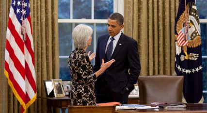 President Barack Obama talks with Health and Human Services Secretary Kathleen Sebelius, whose department is charged with implementing new rules that mandate employers to provide contraception coverage to employees. RNS photo courtesy Pete Souza / The White House. 
