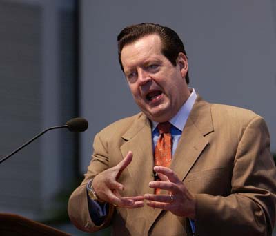 Richard Land, head of the Southern Baptist Convention's Ethics and Religious Liberty Commission, preaches Nov. 11, 2003 at New Orleans Baptist Theological Seminary, where he earned a master's degree and met his future wife in the 1970's. RNS photo by Bryan S. Berteau 