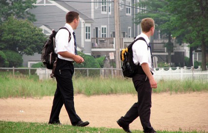 Mormon missionaries go door-to-door in Connecticut. 
