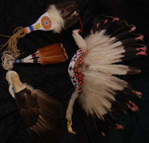 Examples of regalia used in Native American spiritual ceremonies. 