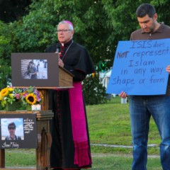 (RNS2-aug26) Bishop of Manchester, Peter Anthony Libasci, speaks during a vigil on Saturday (Aug.23) for slain journalist James Foley at the Rochester Commons in Rochester, N.H. For use with RNS-FOLEY-MARTYR, transmitted on August 26, 2014, Photo by Shawn St.Hilaire / Democrat Photo.